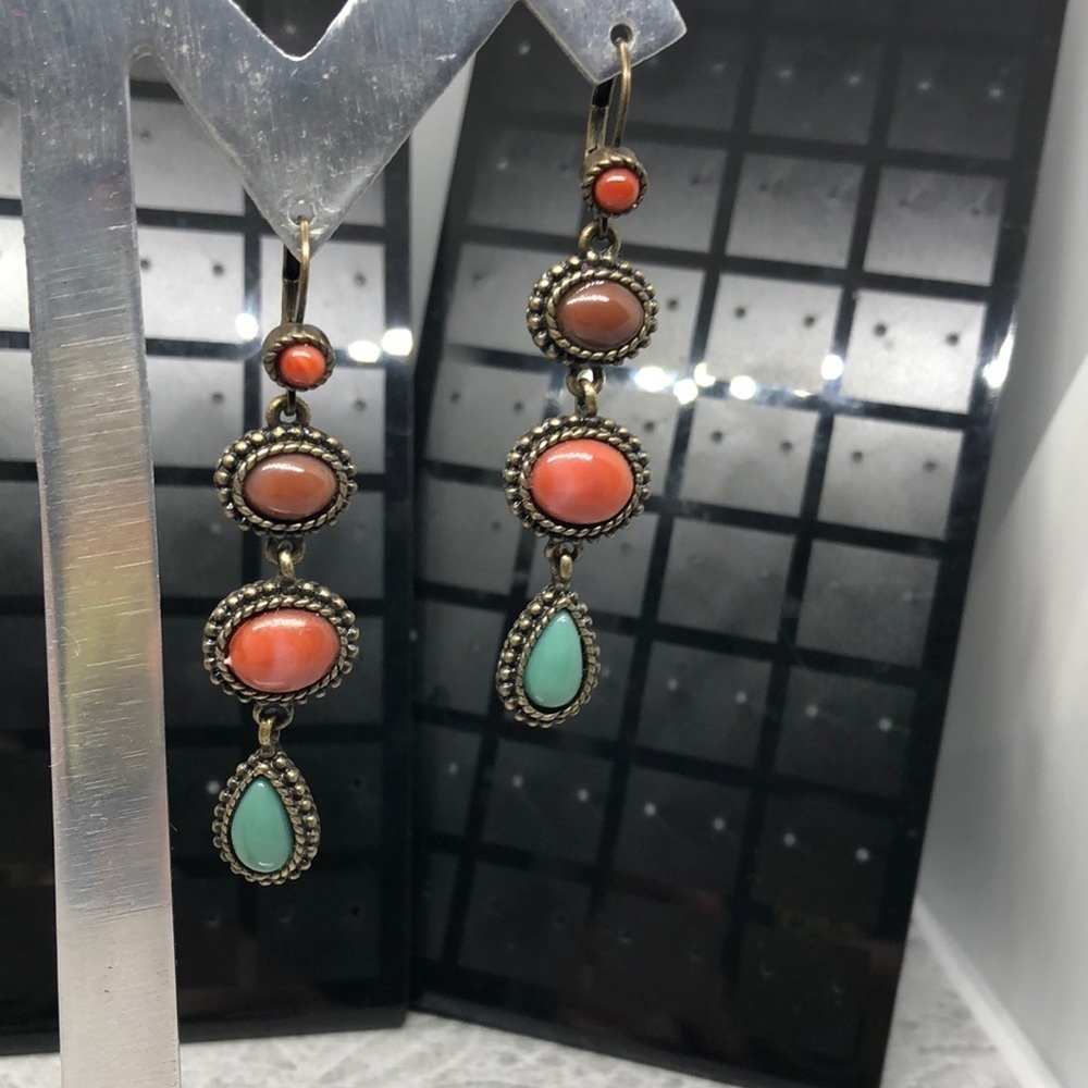 Vintage Avon faux gemstones boho style long dangle drop brass earrings